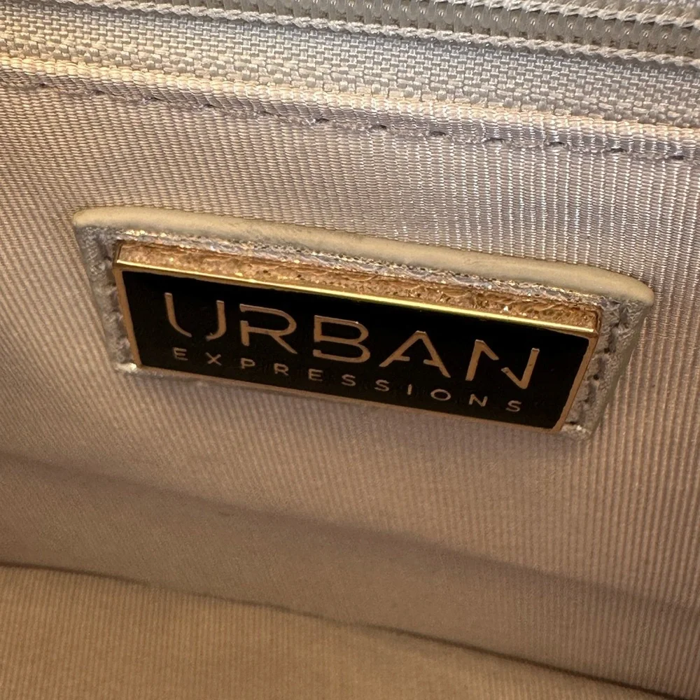 NWT Urban Expressions Silver Clutch/Purse with handle and matching chain straps.